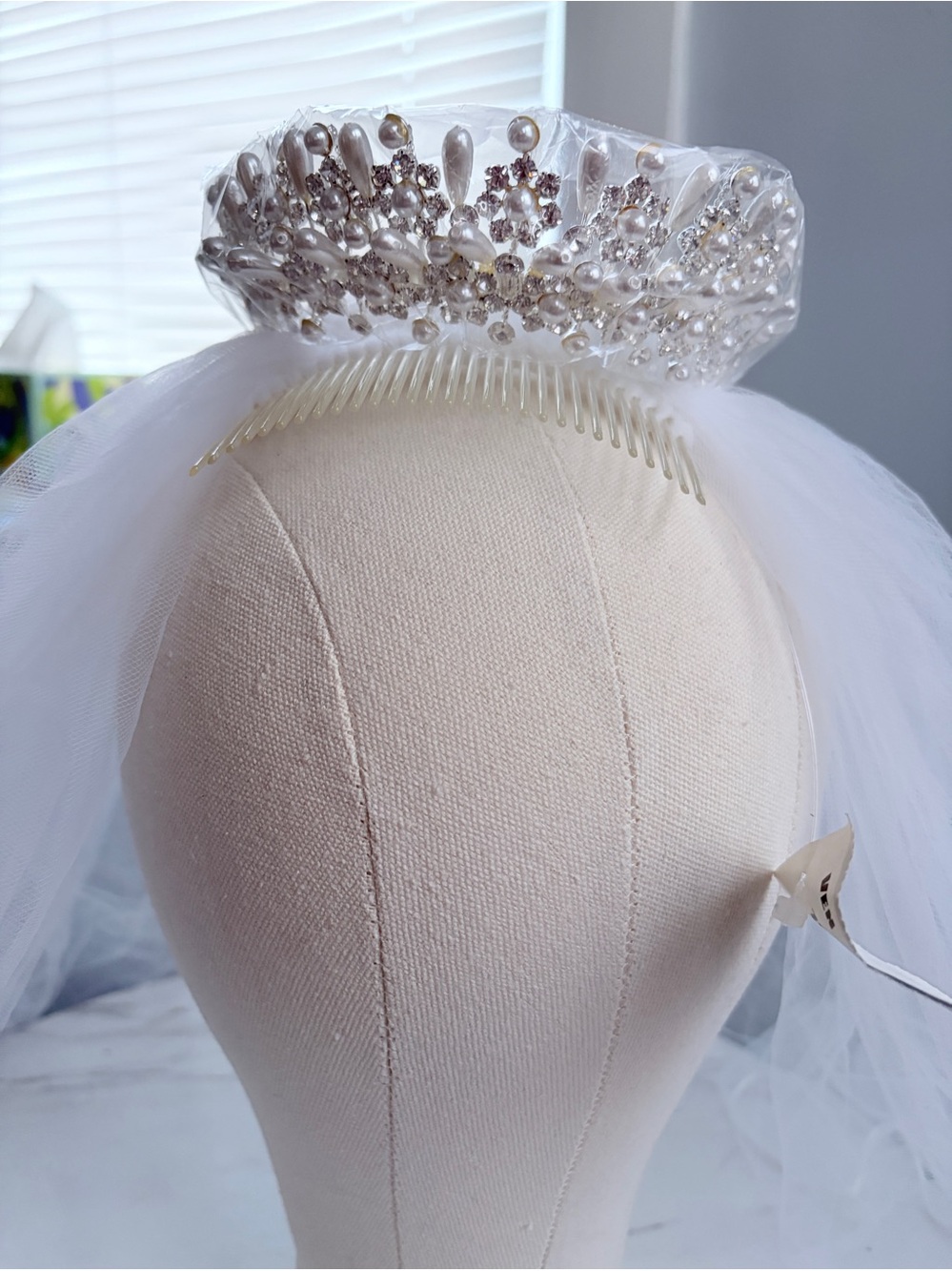 David’s Bridal Pearl & Crystal Tiara with White Veil Wedding Headpiece